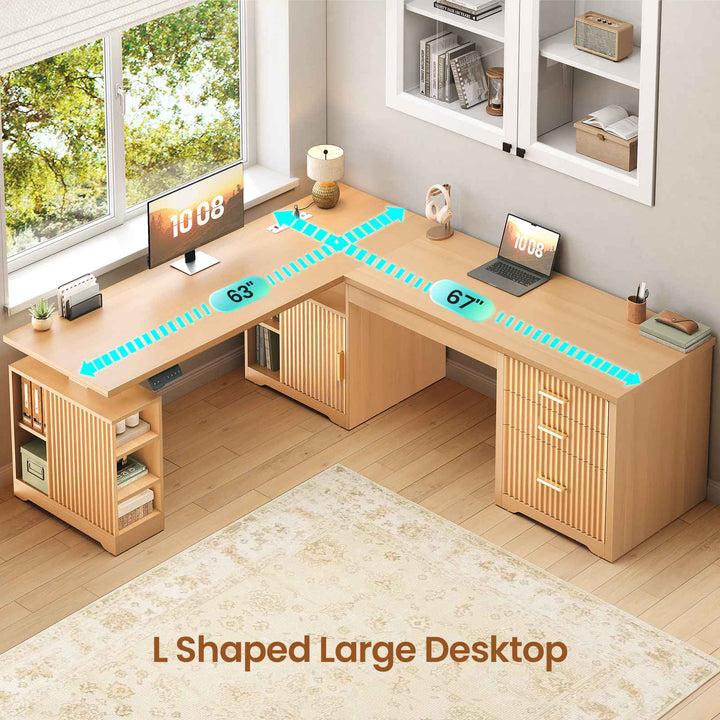 SEDETA | 63 Inch Fluted Two Person Desk with Power Outlet Height Adjustable Home Office Executive Desk with Drawers and Shelves L Shaped Electric Standing Desk for Home Office