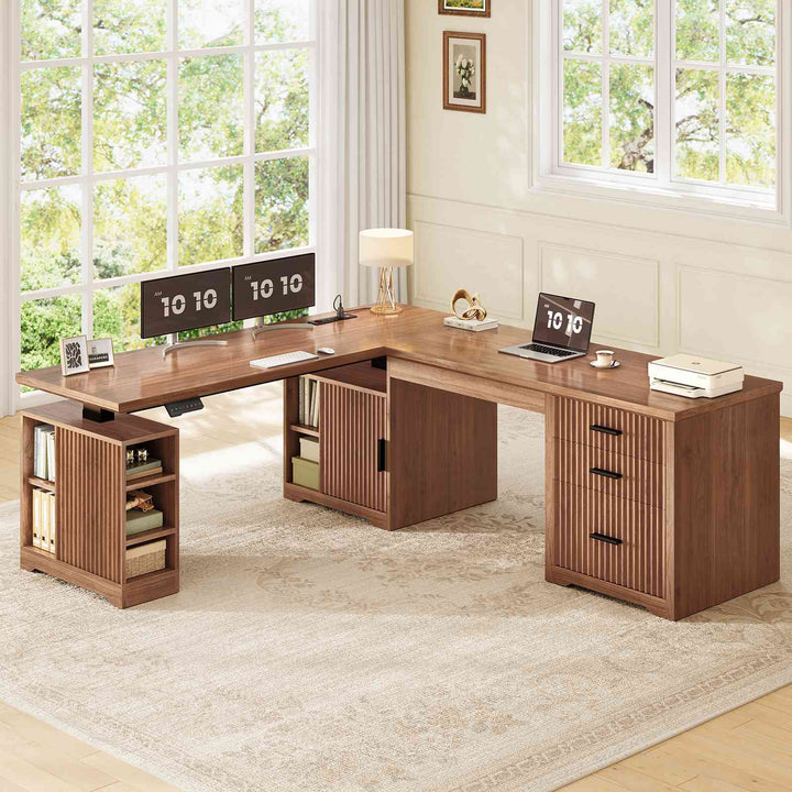 SEDETA | 63 Inch Fluted Two Person Desk with Power Outlet Height Adjustable Home Office Executive Desk with Drawers and Shelves L Shaped Electric Standing Desk for Home Office