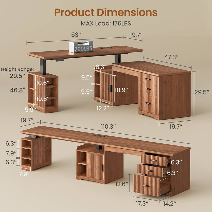 SEDETA | 63 Inch Fluted Two Person Desk with Power Outlet Height Adjustable Home Office Executive Desk with Drawers and Shelves L Shaped Electric Standing Desk for Home Office