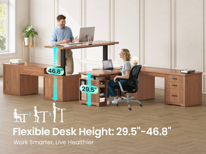 SEDETA | 63 Inch Fluted Two Person Desk with Power Outlet Height Adjustable Home Office Executive Desk with Drawers and Shelves L Shaped Electric Standing Desk for Home Office