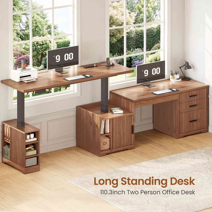 SEDETA | 63 Inch Fluted Two Person Desk with Power Outlet Height Adjustable Home Office Executive Desk with Drawers and Shelves L Shaped Electric Standing Desk for Home Office