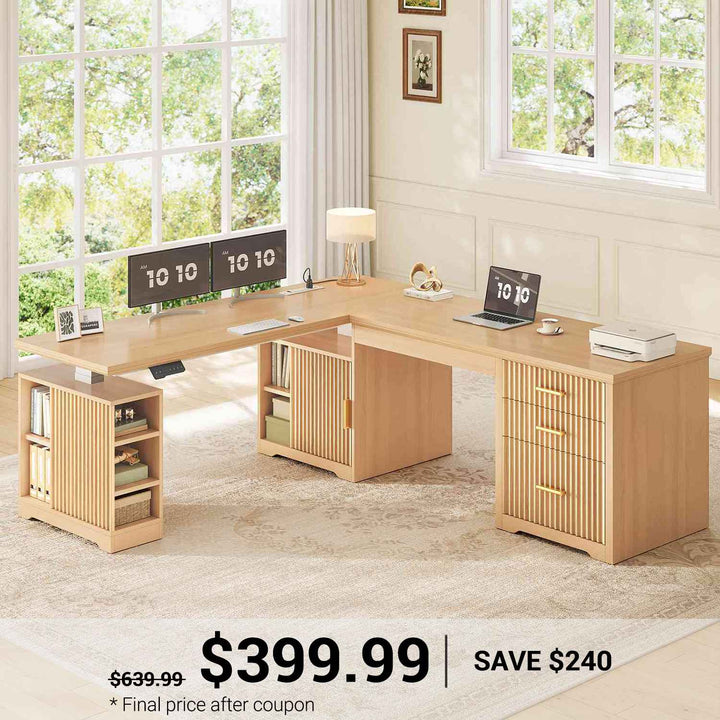 SEDETA | 63 Inch Fluted Two Person Desk with Power Outlet Height Adjustable Home Office Executive Desk with Drawers and Shelves L Shaped Electric Standing Desk for Home Office