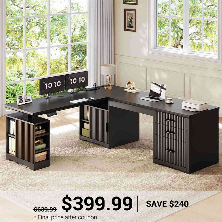 SEDETA | 63 Inch Fluted Two Person Desk with Power Outlet Height Adjustable Home Office Executive Desk with Drawers and Shelves L Shaped Electric Standing Desk for Home Office
