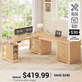 SEDETA 63 Inch Fluted L Shaped Electric Standing Desk Height Adjustable Home Office Executive Desk with Drawers and Shelves Two Person Desk with Power Outlet for Home Office