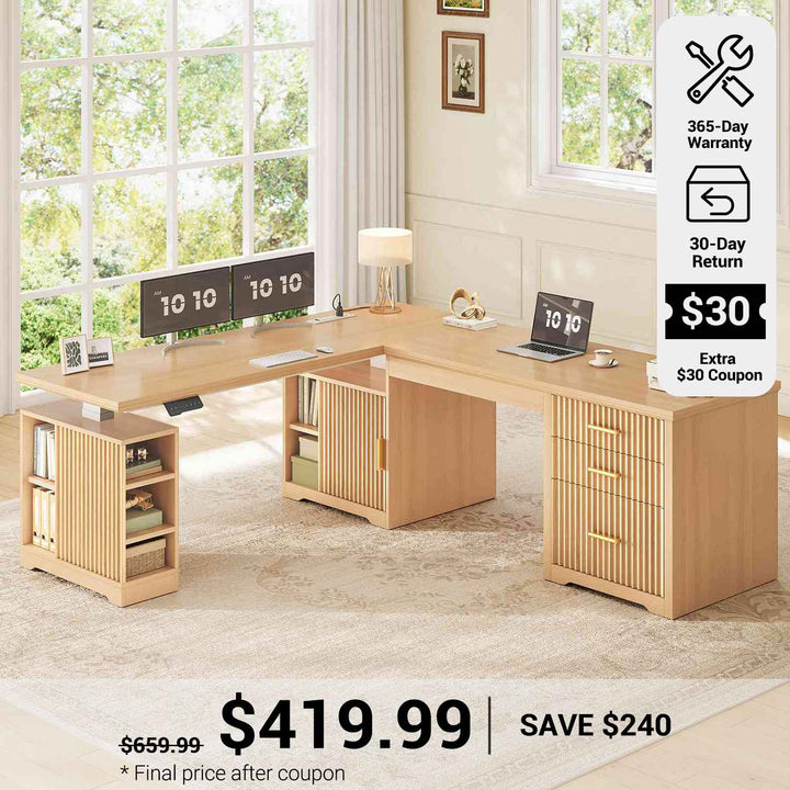SEDETA 63 Inch Fluted L Shaped Electric Standing Desk Height Adjustable Home Office Executive Desk with Drawers and Shelves Two Person Desk with Power Outlet for Home Office