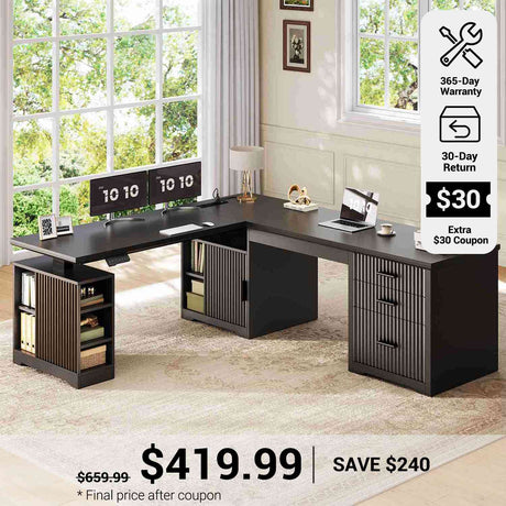 SEDETA 63 Inch Fluted L Shaped Electric Standing Desk Height Adjustable Home Office Executive Desk with Drawers and Shelves Two Person Desk with Power Outlet for Home Office