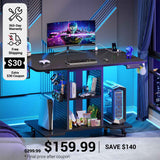 SEDETA 31.5 Inch Small Standing Gaming Desk Rolling Computer PC Desk Height Adjustable with Power Outlet Pegboard Storage Shelves RGB LED Light for Small Spaces