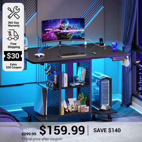 SEDETA 31.5 Inch Small Standing Gaming Desk Rolling Computer PC Desk Height Adjustable with Power Outlet Pegboard Storage Shelves RGB LED Light for Small Spaces