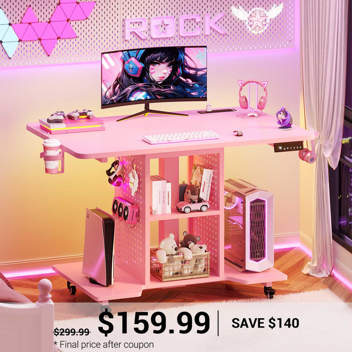 SEDETA 31.5 Inch Small Standing Gaming Desk Rolling Computer PC Desk Height Adjustable with Power Outlet Pegboard Storage Shelves RGB LED Light for Small Spaces