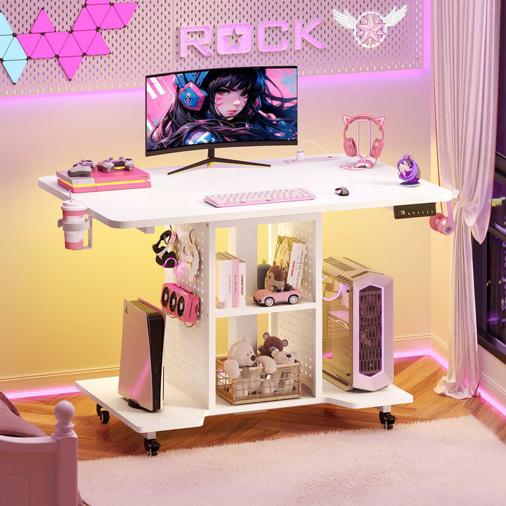 SEDETA | 31.5 Inch Height Adjustable Desk with Pegboard RGB LED Light Rolling Computer PC Desk with Storage Shelves Small Standing Gaming Desk with Power Outlet for Small Spaces