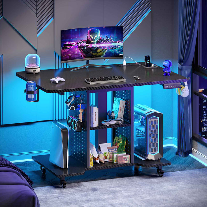 SEDETA | 31.5 Inch Height Adjustable Desk with Pegboard RGB LED Light Rolling Computer PC Desk with Storage Shelves Small Standing Gaming Desk with Power Outlet for Small Spaces