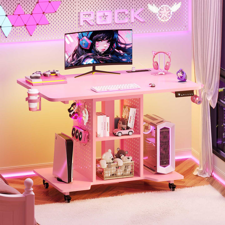 SEDETA | 31.5 Inch Height Adjustable Desk with Pegboard RGB LED Light Rolling Computer PC Desk with Storage Shelves Small Standing Gaming Desk with Power Outlet for Small Spaces