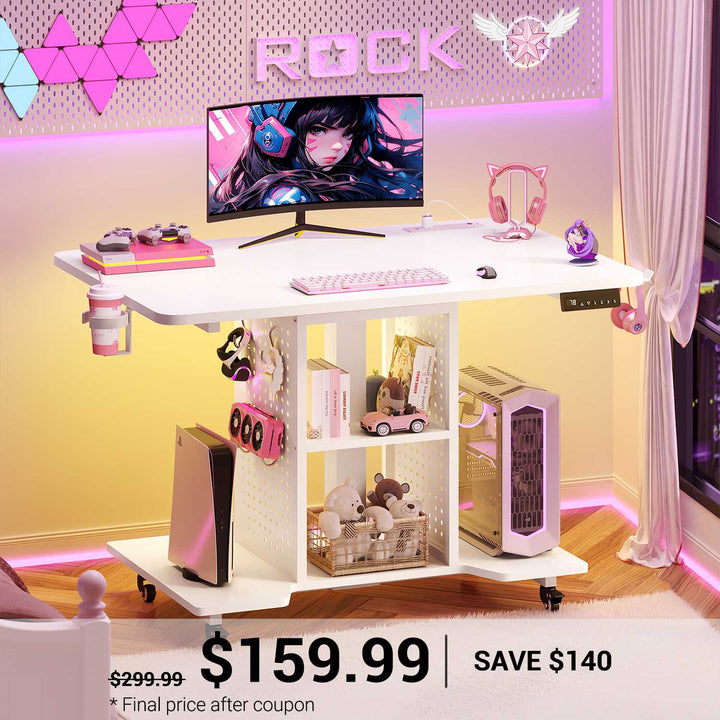 SEDETA 31.5 Inch Small Standing Gaming Desk Rolling Computer PC Desk Height Adjustable with Power Outlet Pegboard Storage Shelves RGB LED Light for Small Spaces