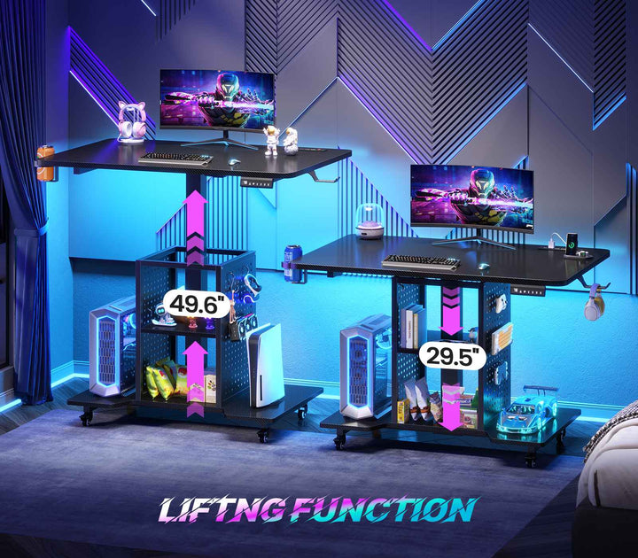 SEDETA | 31.5 Inch Height Adjustable Desk with Pegboard RGB LED Light Rolling Computer PC Desk with Storage Shelves Small Standing Gaming Desk with Power Outlet for Small Spaces