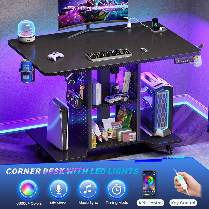 SEDETA | 31.5 Inch Height Adjustable Desk with Pegboard RGB LED Light Rolling Computer PC Desk with Storage Shelves Small Standing Gaming Desk with Power Outlet for Small Spaces