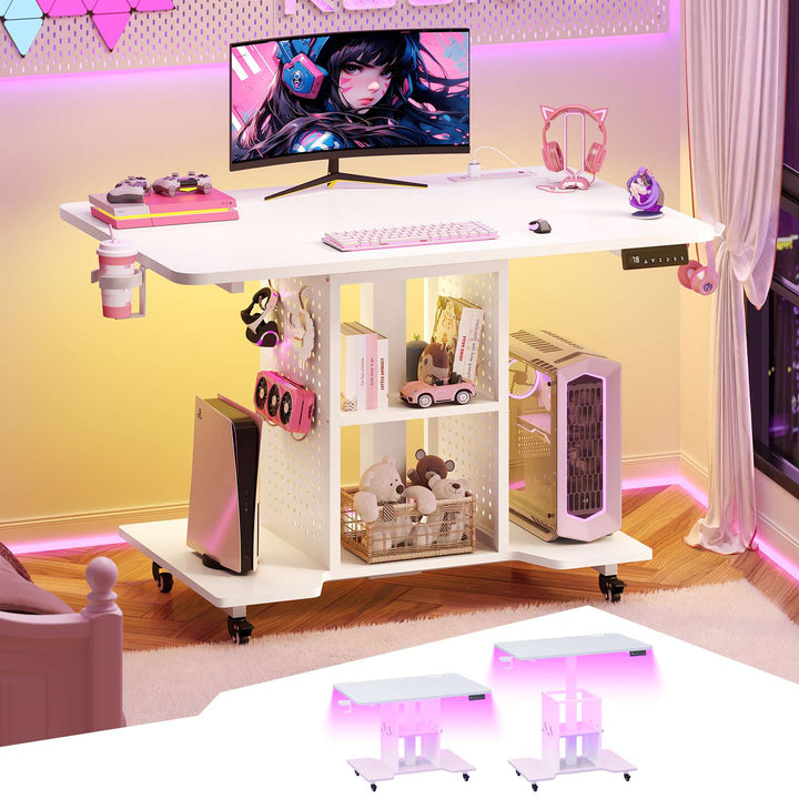 SEDETA | 31.5 Inch Height Adjustable Desk with Pegboard RGB LED Light Rolling Computer PC Desk with Storage Shelves Small Standing Gaming Desk with Power Outlet for Small Spaces