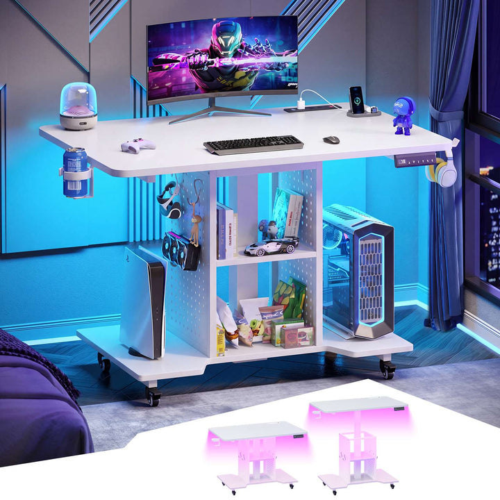 SEDETA | 31.5 Inch Height Adjustable Desk with Pegboard RGB LED Light Rolling Computer PC Desk with Storage Shelves Small Standing Gaming Desk with Power Outlet for Small Spaces