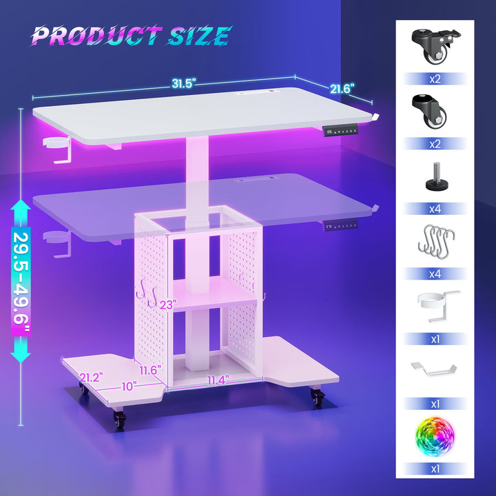 SEDETA | 31.5 Inch Height Adjustable Desk with Pegboard RGB LED Light Rolling Computer PC Desk with Storage Shelves Small Standing Gaming Desk with Power Outlet for Small Spaces