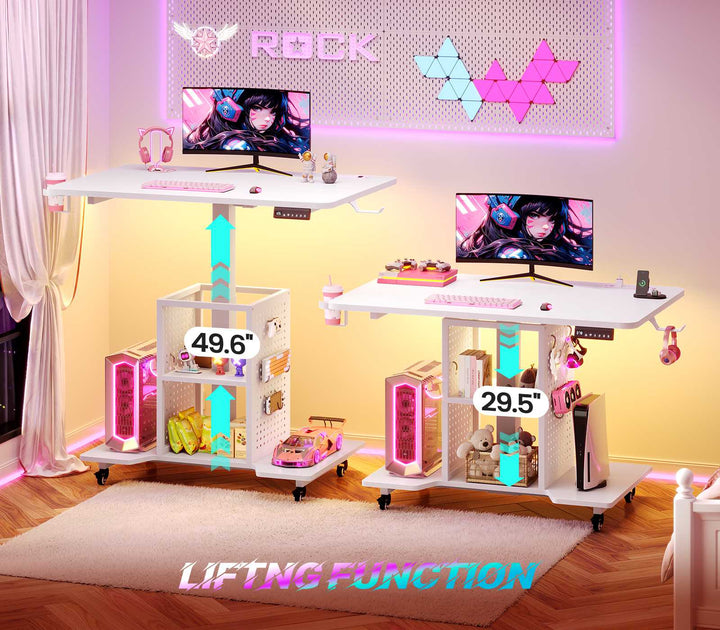 SEDETA | 31.5 Inch Height Adjustable Desk with Pegboard RGB LED Light Rolling Computer PC Desk with Storage Shelves Small Standing Gaming Desk with Power Outlet for Small Spaces