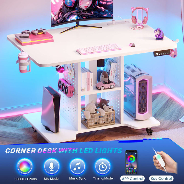 SEDETA | 31.5 Inch Height Adjustable Desk with Pegboard RGB LED Light Rolling Computer PC Desk with Storage Shelves Small Standing Gaming Desk with Power Outlet for Small Spaces