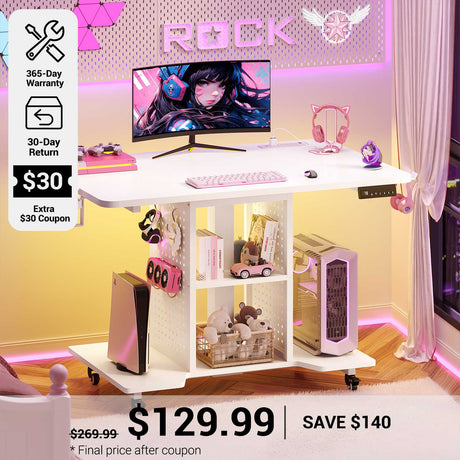 SEDETA® 31.5 Inch Rolling Computer PC Desk with Storage Shelves Small Standing Gaming Desk with Power Outlet Height Adjustable Desk with Pegboard RGB LED Light for Small Spaces