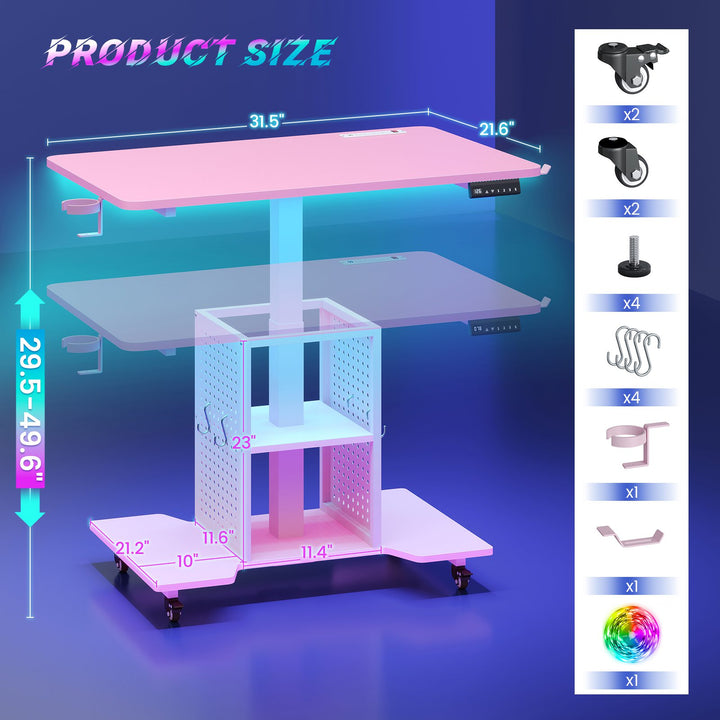 SEDETA | 31.5 Inch Height Adjustable Desk with Pegboard RGB LED Light Rolling Computer PC Desk with Storage Shelves Small Standing Gaming Desk with Power Outlet for Small Spaces