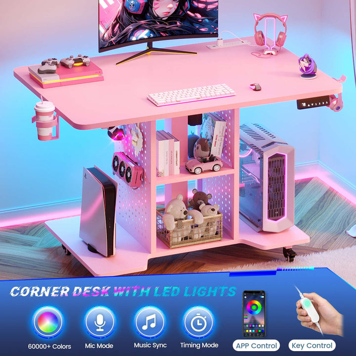SEDETA | 31.5 Inch Height Adjustable Desk with Pegboard RGB LED Light Rolling Computer PC Desk with Storage Shelves Small Standing Gaming Desk with Power Outlet for Small Spaces