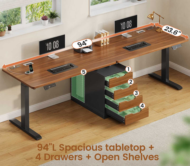 SEDETA 94 Inch Electric Height Adjustable Standing Desk Two Person Long Computer Office Desk with 4 Drawers Cable Management 2 Power Outlets CPU Stand
