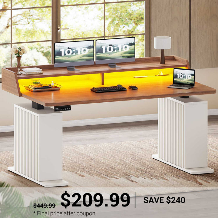 SEDETA 55 Inch Fluted Electric Standing Desk Ergonomic Height Adjustable Desk with Storage Power Outlets LED Lights