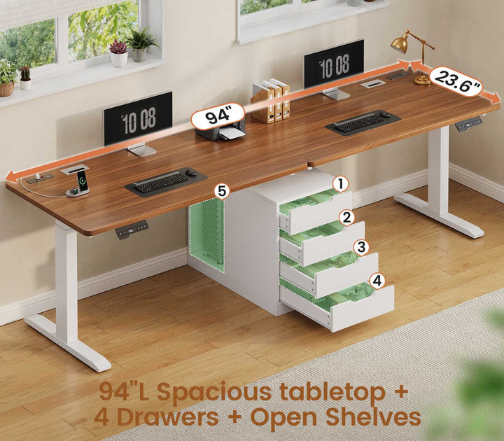 SEDETA 94 Inch Electric Height Adjustable Standing Desk Two Person Long Computer Office Desk with 4 Drawers Cable Management 2 Power Outlets CPU Stand