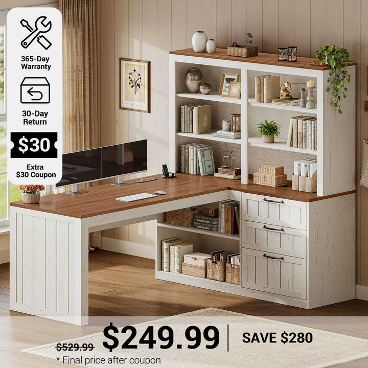SEDETA® 59 Inch Farmhouse L Shaped Computer Desk Wood Corner Office Desk with Power Outlet Storage Shelves 5-Tier Bookshelf 3 Drawers for Small Space