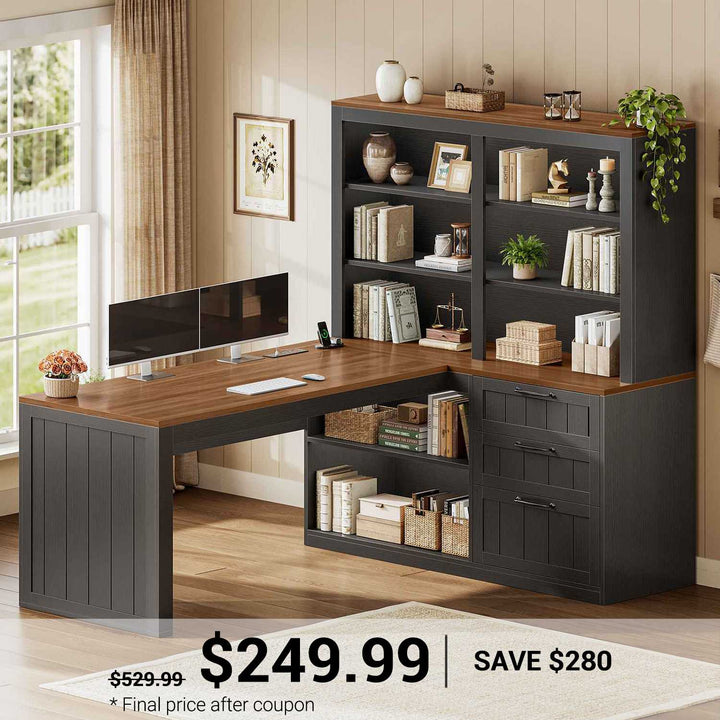 SEDETA | 59 Inch Farmhouse Corner Wood Office Desk L Shaped Computer Desk with 3 Drawers 5-Tier Bookshelf Storage Shelves Power Outlet for Small Space