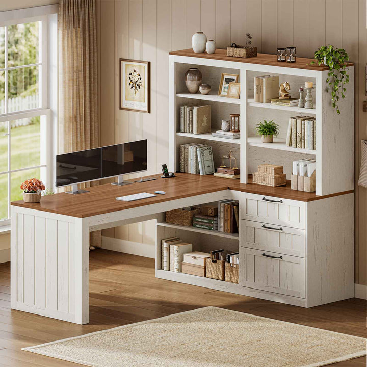 SEDETA | 59 Inch Farmhouse Corner Wood Office Desk L Shaped Computer Desk with 3 Drawers 5-Tier Bookshelf Storage Shelves Power Outlet for Small Space