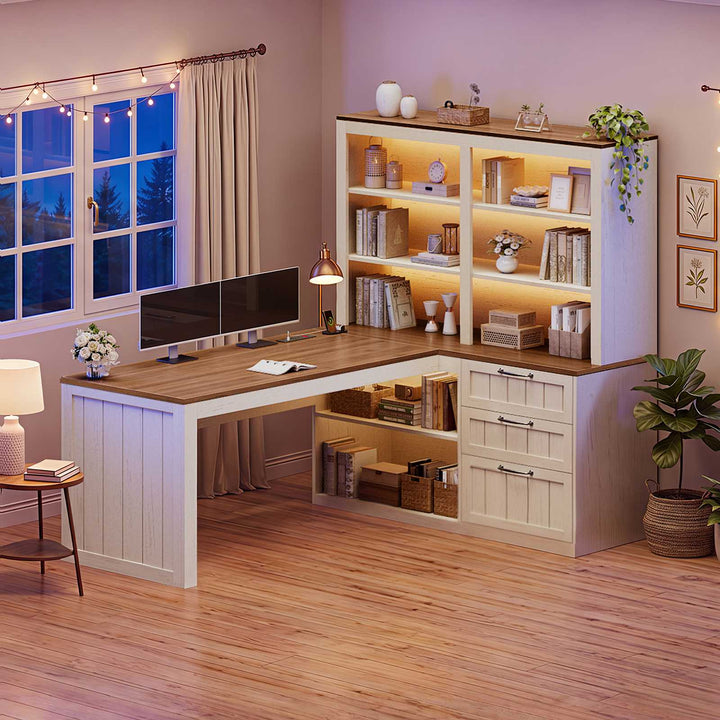 SEDETA | 59 Inch Farmhouse Corner Wood Office Desk L Shaped Computer Desk with 3 Drawers 5-Tier Bookshelf Storage Shelves Power Outlet for Small Space