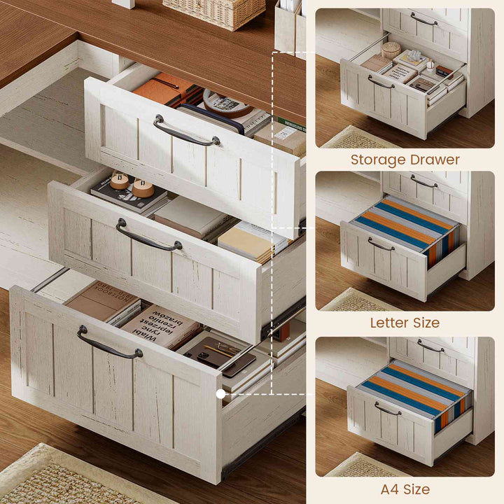 SEDETA | 59 Inch Farmhouse Corner Wood Office Desk L Shaped Computer Desk with 3 Drawers 5-Tier Bookshelf Storage Shelves Power Outlet for Small Space