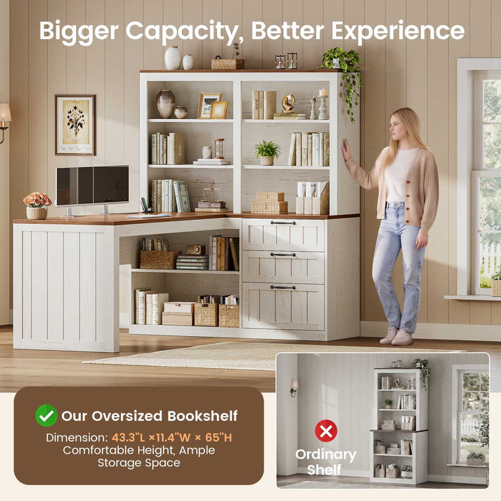 SEDETA | 59 Inch Farmhouse Corner Wood Office Desk L Shaped Computer Desk with 3 Drawers 5-Tier Bookshelf Storage Shelves Power Outlet for Small Space