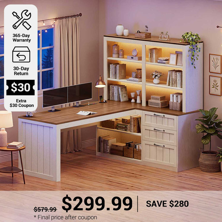 SEDETA 59 Inch Farmhouse Corner Computer Desk Wood Office L Shaped Desk with 3 Drawers 5-Tier Bookshelf Storage Shelves Power Outlet for Small Space