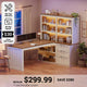SEDETA 59 Inch Farmhouse Corner Computer Desk Wood Office L Shaped Desk with 3 Drawers 5-Tier Bookshelf Storage Shelves Power Outlet for Small Space
