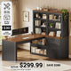 SEDETA 59 Inch Farmhouse Corner Computer Desk Wood Office L Shaped Desk with 3 Drawers 5-Tier Bookshelf Storage Shelves Power Outlet for Small Space