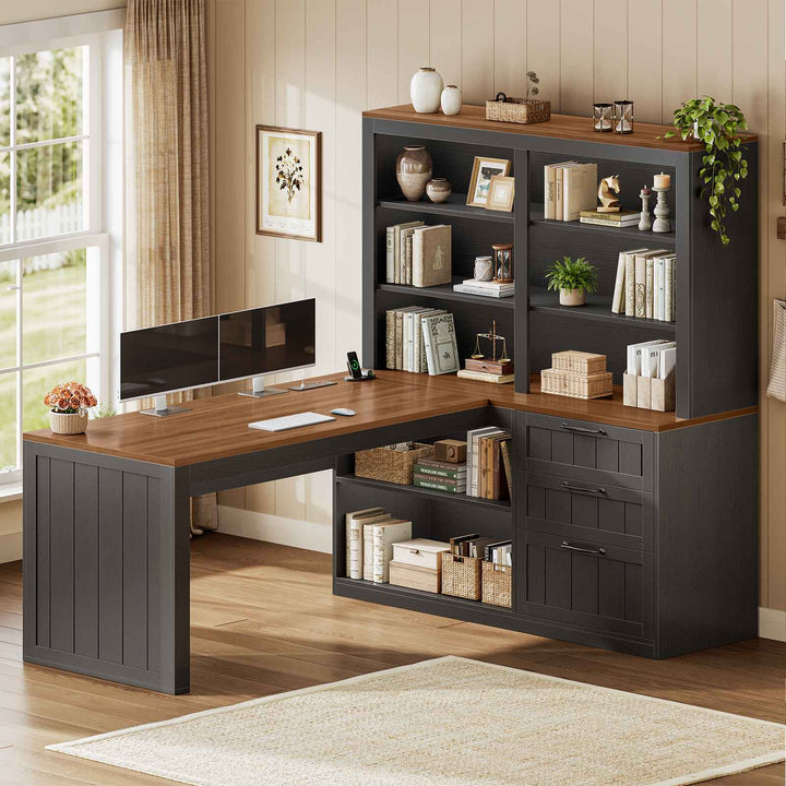 SEDETA | 59 Inch Farmhouse Corner Wood Office Desk L Shaped Computer Desk with 3 Drawers 5-Tier Bookshelf Storage Shelves Power Outlet for Small Space