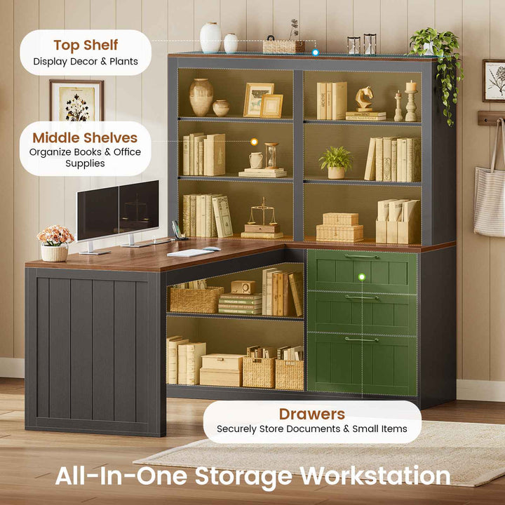 SEDETA | 59 Inch Farmhouse Corner Wood Office Desk L Shaped Computer Desk with 3 Drawers 5-Tier Bookshelf Storage Shelves Power Outlet for Small Space