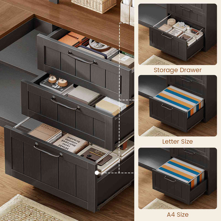 SEDETA | 59 Inch Farmhouse Corner Wood Office Desk L Shaped Computer Desk with 3 Drawers 5-Tier Bookshelf Storage Shelves Power Outlet for Small Space