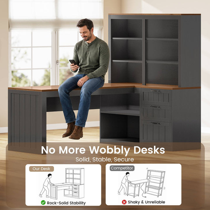 SEDETA | 59 Inch Farmhouse Corner Wood Office Desk L Shaped Computer Desk with 3 Drawers 5-Tier Bookshelf Storage Shelves Power Outlet for Small Space
