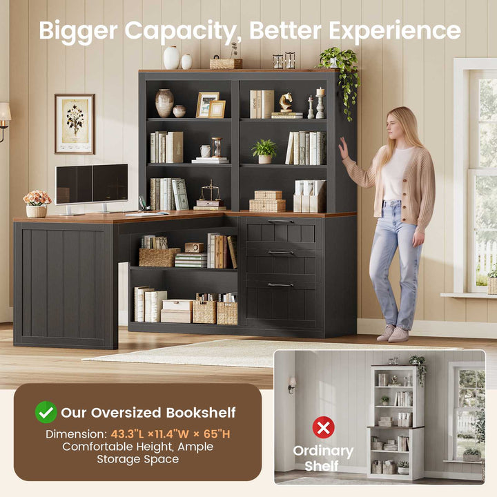 SEDETA | 59 Inch Farmhouse Corner Wood Office Desk L Shaped Computer Desk with 3 Drawers 5-Tier Bookshelf Storage Shelves Power Outlet for Small Space