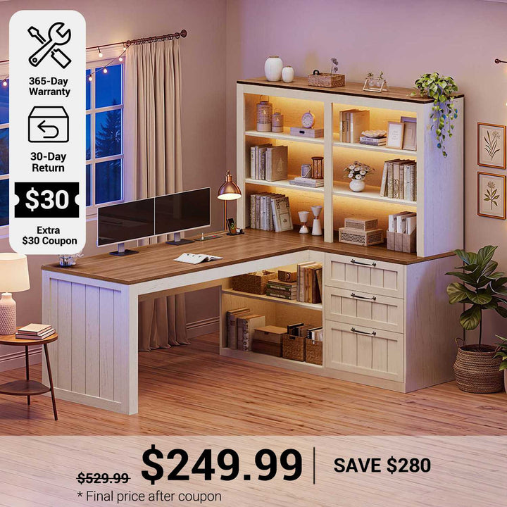 SEDETA® 59 Inch Farmhouse L Shaped Computer Desk Wood Corner Office Desk with Power Outlet Storage Shelves 5-Tier Bookshelf 3 Drawers for Small Space