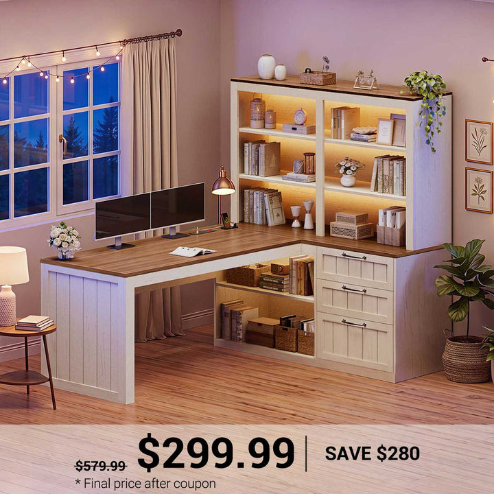 SEDETA 59 Inch Farmhouse Corner Computer Desk Wood Office L Shaped Desk with 3 Drawers 5-Tier Bookshelf Storage Shelves Power Outlet for Small Space