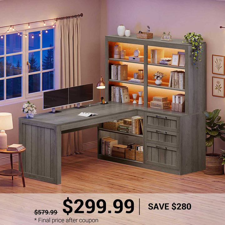 SEDETA 59 Inch Farmhouse Corner Computer Desk Wood Office L Shaped Desk with 3 Drawers 5-Tier Bookshelf Storage Shelves Power Outlet for Small Space
