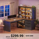 SEDETA 59 Inch Farmhouse Corner Computer Desk Wood Office L Shaped Desk with 3 Drawers 5-Tier Bookshelf Storage Shelves Power Outlet for Small Space