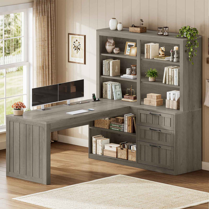 SEDETA | 59 Inch Farmhouse Corner Wood Office Desk L Shaped Computer Desk with 3 Drawers 5-Tier Bookshelf Storage Shelves Power Outlet for Small Space