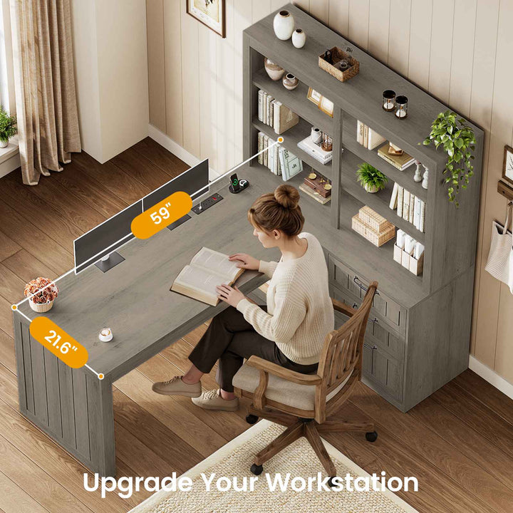SEDETA | 59 Inch Farmhouse Corner Wood Office Desk L Shaped Computer Desk with 3 Drawers 5-Tier Bookshelf Storage Shelves Power Outlet for Small Space